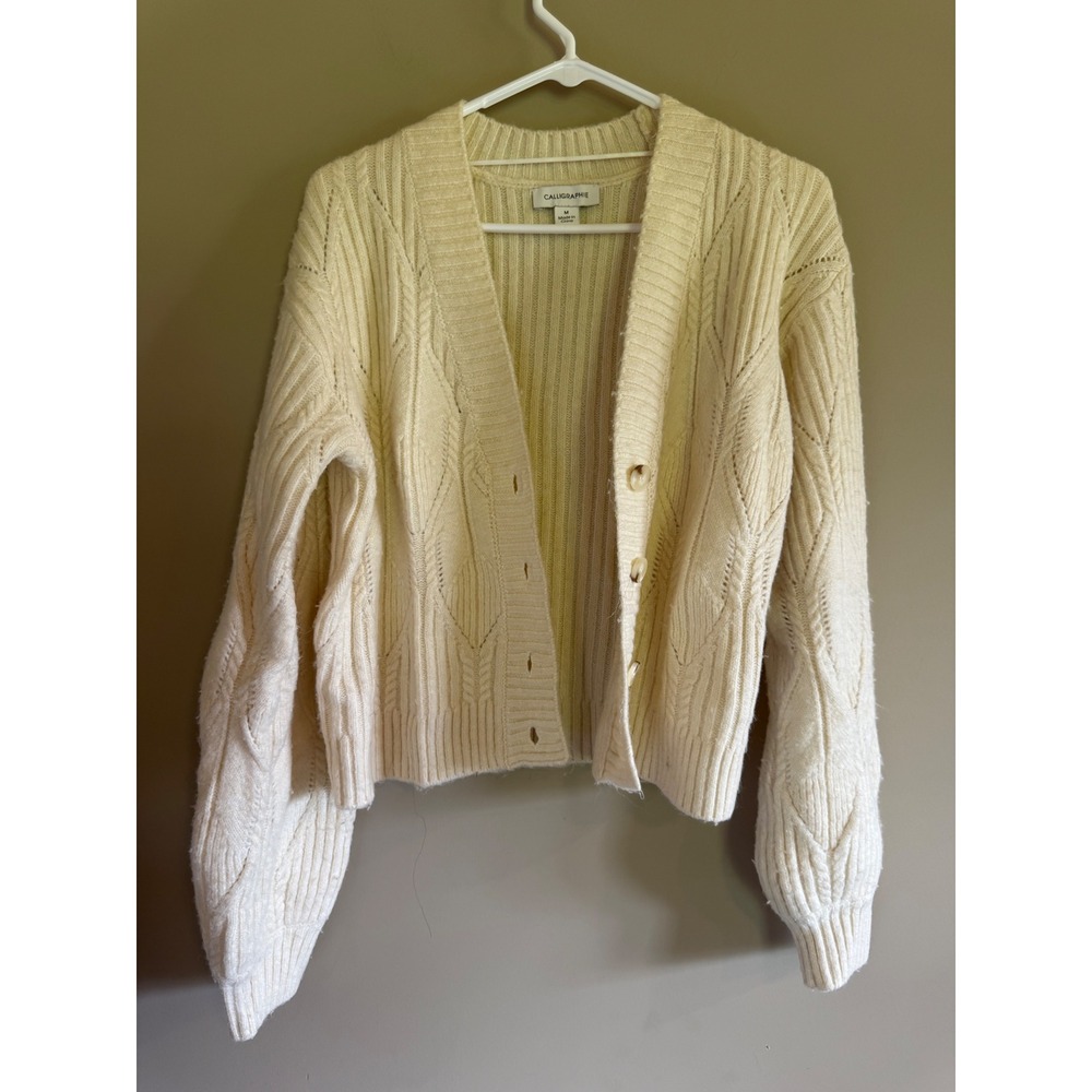 Calligraphie Cream Cable Knit Cardigan Sweater Womens Medium Cream Button Front